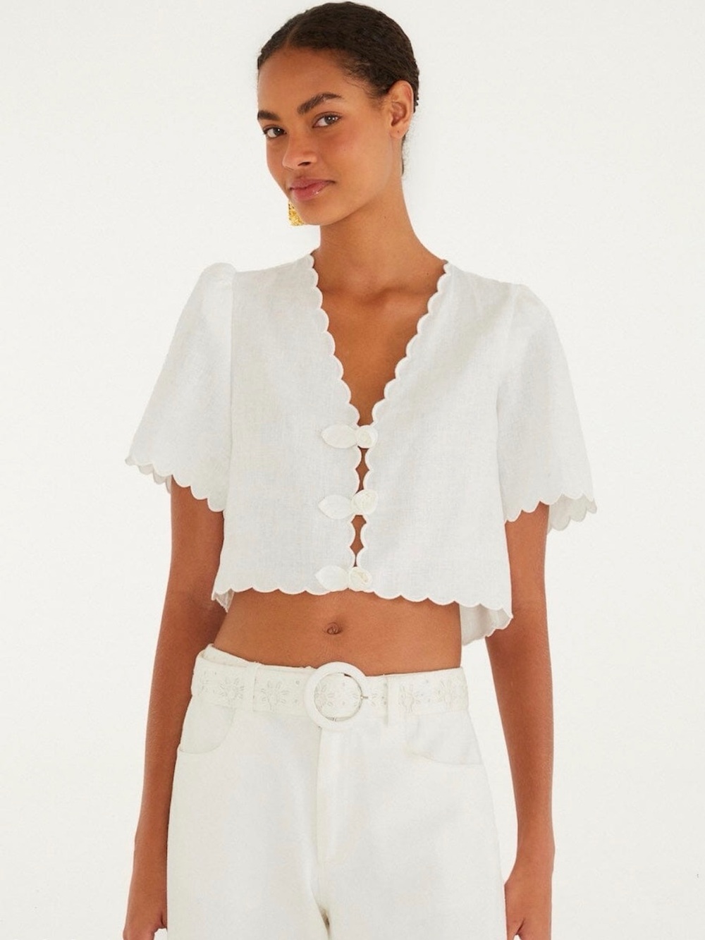FARM Rio Off-White Roses Scallop Artisanal Linen Crop Top Size L NWOT